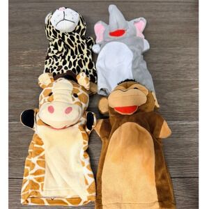 Safari Animal Hand Puppets Leopard Elephant Giraffe Monkey Lot of 4